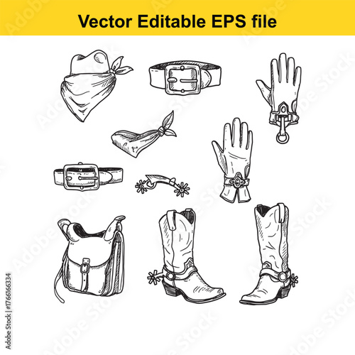 Vector art of collection of cowboy accessories including boots, spurs, belts, gloves, bandana, and satchel