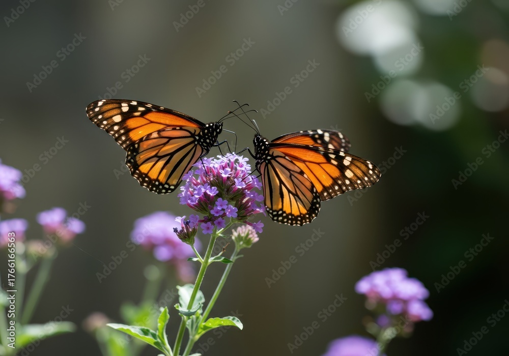 Fototapeta premium A beautiful monarch butterfly with distinctive orange and black wings pauses lightly on vibrant violet blossoms in a sunny garden scene ,bloom ,pollination ,bright