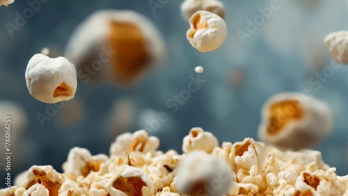 Close up view of flying freshly popped popcorns