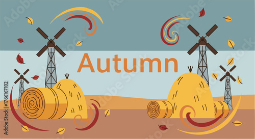 Autumn Farm Field With Hay Bales And Windmills.