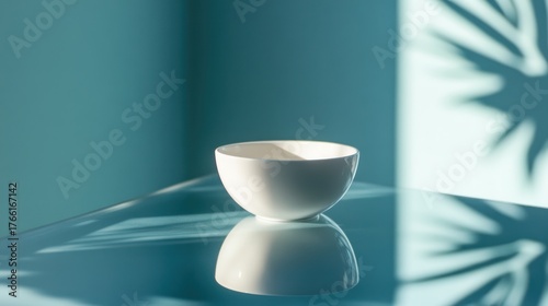Serene Minimalism: White Bowl on Teal Glass Table