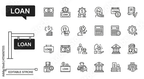 Streamlined loan icons for modern financial apps and banking services, illustrating lending, investment, and economic growth opportunities for innovative fintech designs