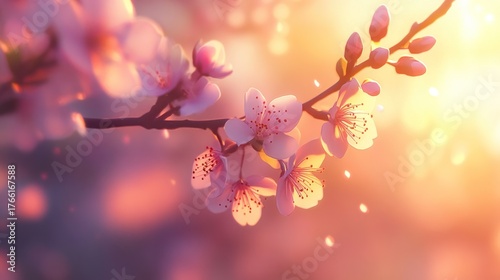 Serene Sunset Blossom: A Breathtaking View of Pink Cherry Blossoms Bathed in the Golden Light of the Setting Sun