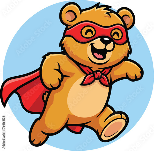 Superhero teddy bear with red cape and mask ideal for childrens books, posters, and superherothemed designs. Cute and playful.