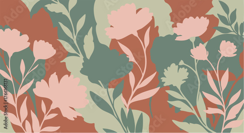 Botanical floral pattern with leaves and petals on muted backdrop.