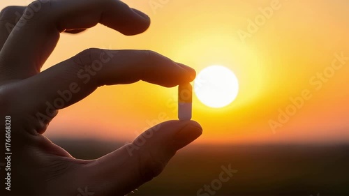 Hand holding a single capsule against a bright sunset, symbolizing health and hope