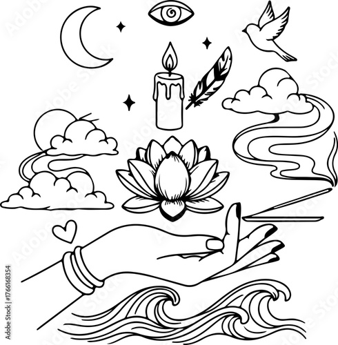 Mystical line art collection for spiritual designs, perfect for meditation retreats and wellness brands seeking elegant, calming, and enchanting visuals