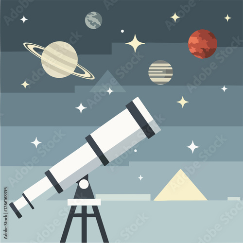 Telescope in stylized space scene with planets.