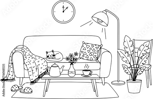 Cozy living room scene with cat napping on sofa, warm tea, inviting blanket, and soft light - perfect for relaxation and home comfort moments