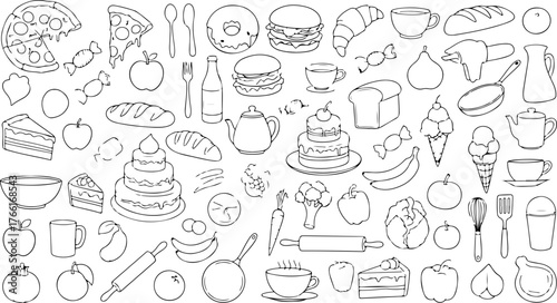 Delicious food outline icons with pizza, burgers, cakes, bread and drinks, a culinary delight, perfect for menus, recipes, and food-related projects