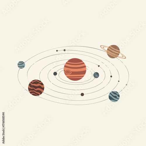 Solar system illustration with orbiting planets.