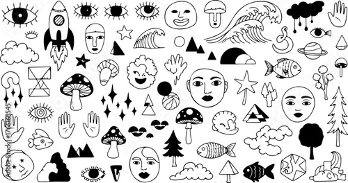 Whimsical doodle art collection with eyes, mushrooms, faces, fish, and space elements for creative projects and trendy designs, great for artistic ventures