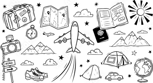 Travel adventure awaits with this wanderlust collection showcasing planes, tents, maps, and destinations for your next journey exploring the world