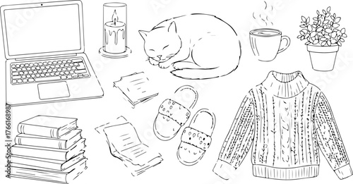 Cozy relaxation scene with laptop, sleeping cat, hot drink, books and slippers creates a comfy, calming home office atmosphere for work and leisure