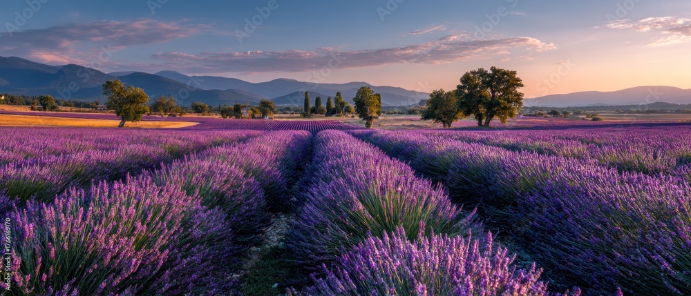 Obraz premium Vibrant lavender field landscape with mountains and trees under scenic sky