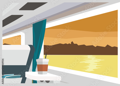 Train interior with view of mountains and lake at sunset. Stock Illustration