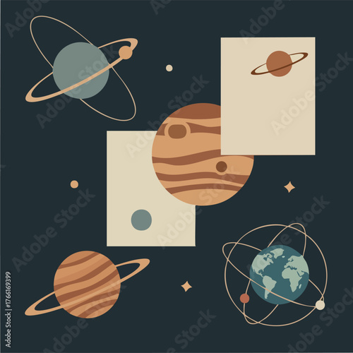 Space Planets and Orbiting Rings.