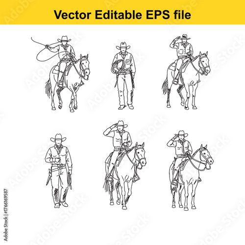 Vector art of collection of cowboy drawings with horses and standing figures