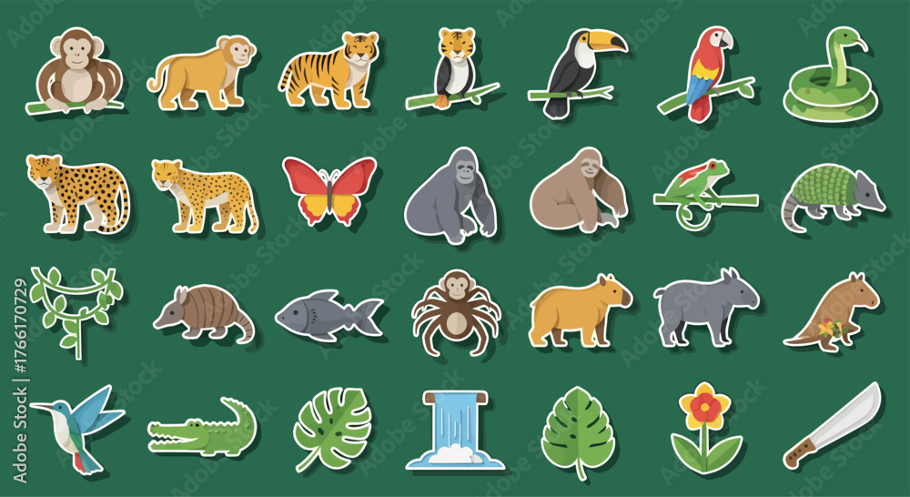 Obraz premium Diverse group of jungle animals and plants arranged on a green surface, showcasing the biodiversity and beauty of the rainforest ecosystem.