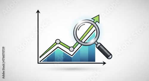 Financial analysis chart with magnifying glass, representing investment research, market trends, and economic growth
