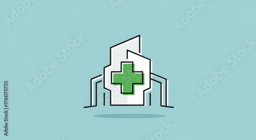 Hospital building with cross representing healthcare, medicine, clinic, emergency, and medical service concept on blue background