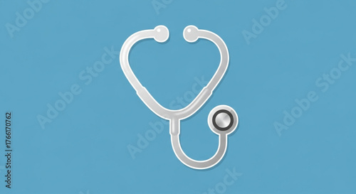 A silver stethoscope on a blue background, a medical instrument used for listening to internal sounds of the human body, such as the heart or lungs