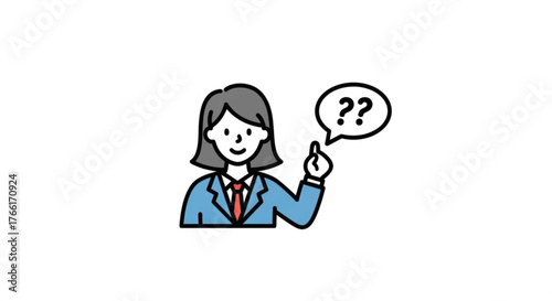 A woman in a suit with a question mark in a speech bubble, she is thinking about something and has a question