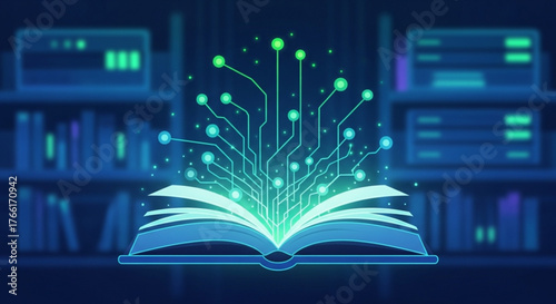 An open book with glowing digital connections emerging from it, symbolizing the fusion of knowledge and technology in a library setting with blue tones