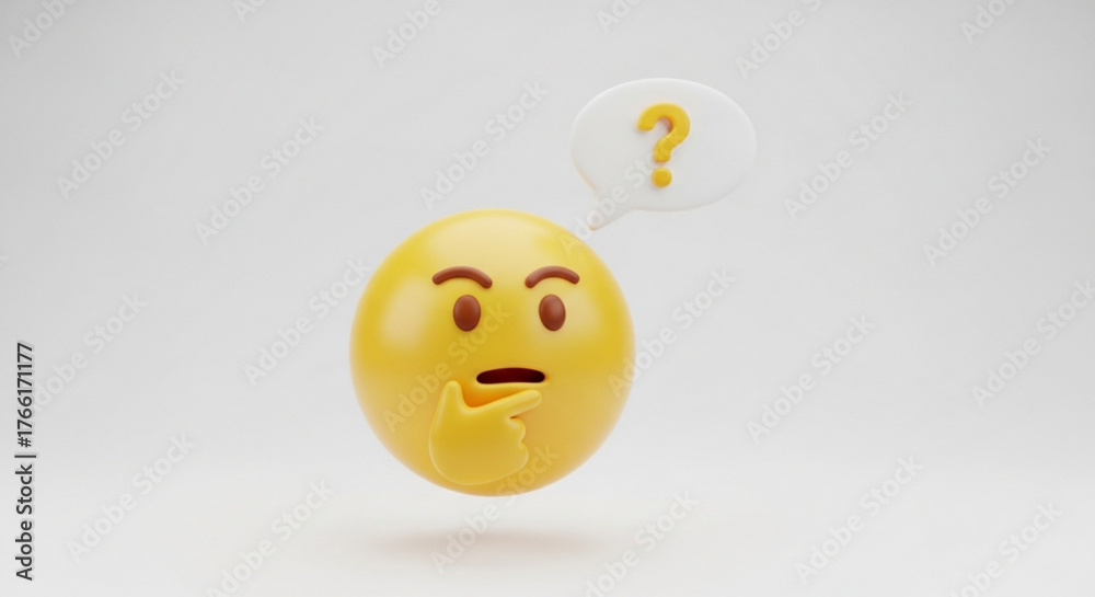 Fototapeta premium A 3d rendering of a thoughtful emoji with a question mark speech bubble, , representing confusion and contemplation