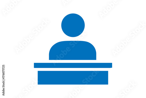 The image is a solid, blue icon representing a person behind a counter or desk.