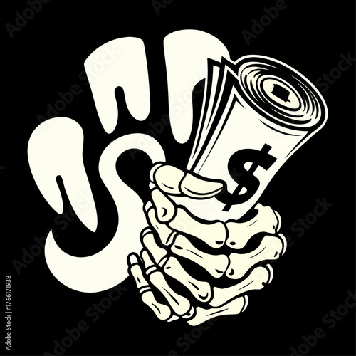 skeletal hand gripping a rolled-up stack of U.S. dollar bills