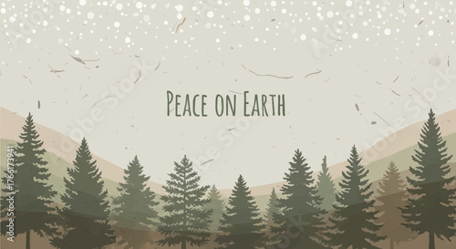 An illustrative winter landscape with evergreen trees and falling snow, featuring the text 'PEACE ON EARTH' against a muted, textured sky.