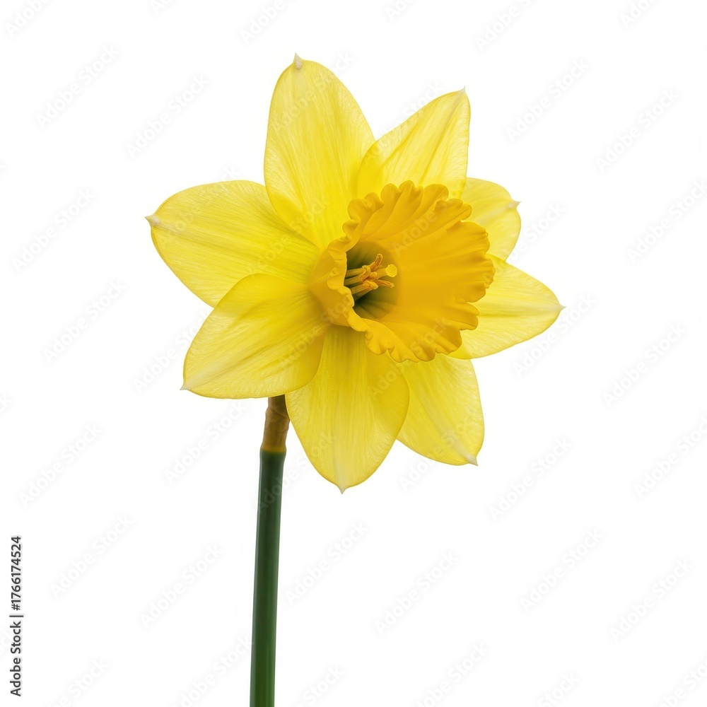 Fototapeta premium Single yellow trumpet daffodil bloom isolated on clean white, highlighting seasonal flora, bright color, and natural beauty ,delicate ,trumpet ,petal