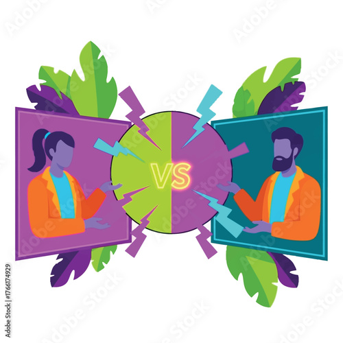 Colorful illustration of two individuals in a debate or conflict, with a 'VS' symbol highlighting opposing viewpoints. Visualizing confrontation and comparison