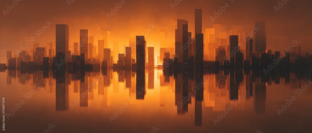 Fototapeta premium Cityscape silhouette reflecting in water during sunset with orange and dark tones