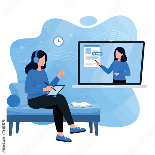 Focused student learning online with a tablet and laptop, attending a virtual class, embodying modern e-learning and digital education technologies from home