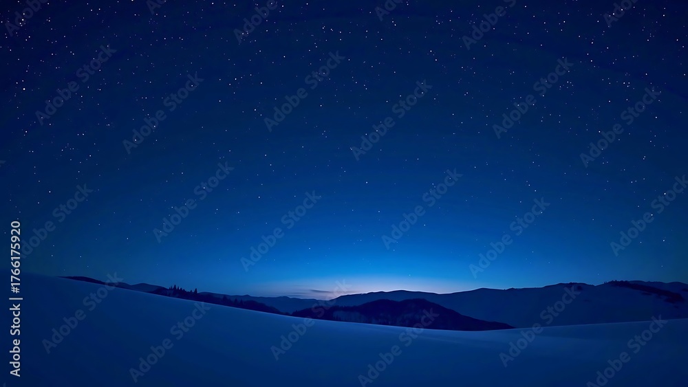 Fototapeta premium Tranquil Winter Night Landscape: Snow Fields and Mountains Beneath a Deep Blue Star-Filled Sky