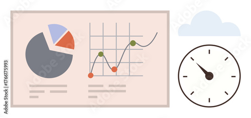 Pie chart, line graph with markers, clock, cloud symbolizing analytics, time management, decision-making. Ideal for productivity, workflow, business analysis technology deadlines data tracking