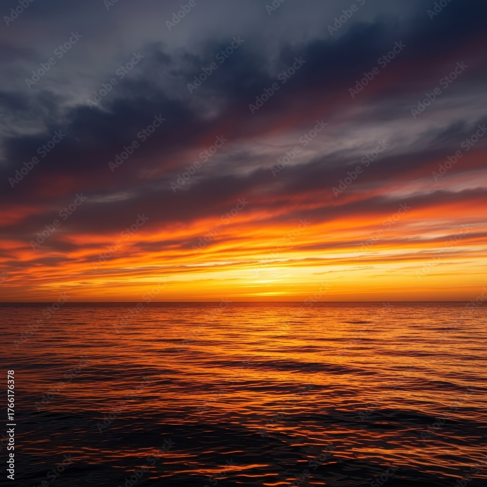 Obraz premium The vast ocean meets the horizon under a spectacular, fiery sunset. Tranquil scene of water reflecting dramatic, warm colors during dusk ,summer ,marine ,Sea