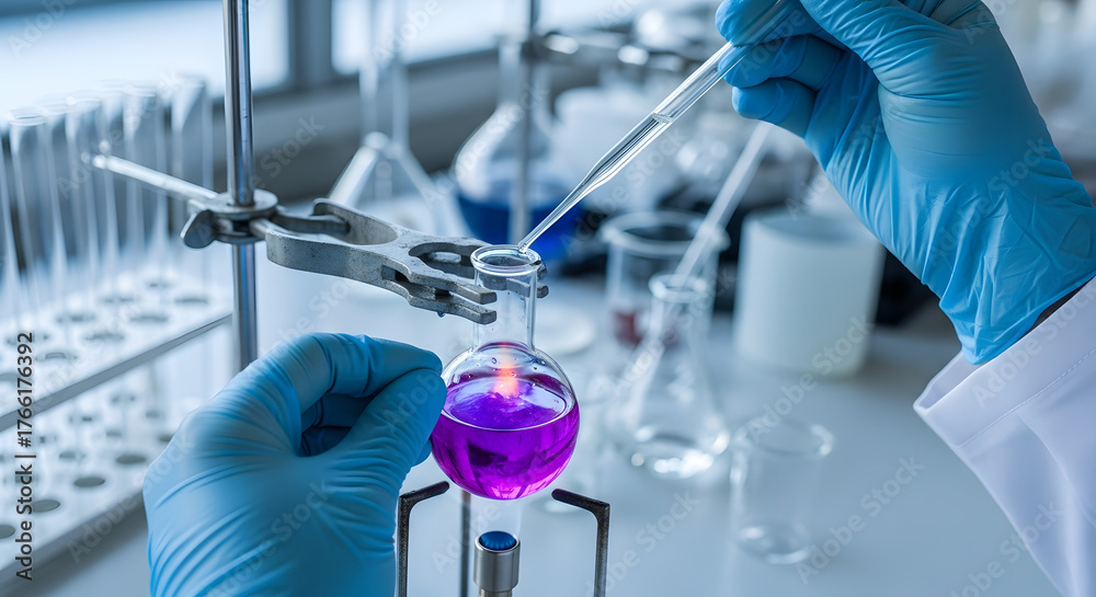 Fototapeta premium Scientist performing a chemical experiment in a modern laboratory, meticulously pipetting a vibrant solution into a flask for analytical research and development