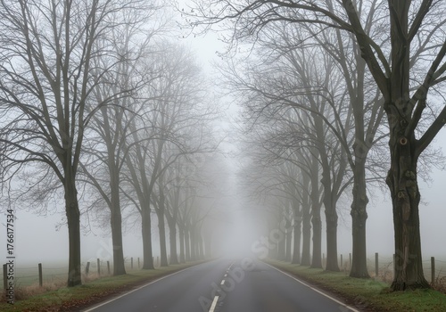 Dense white fog covers a quiet rural roadway lined with bare trees during the cool, atmospheric autumn season, creating a moody scene ,nature ,dense ,roadway