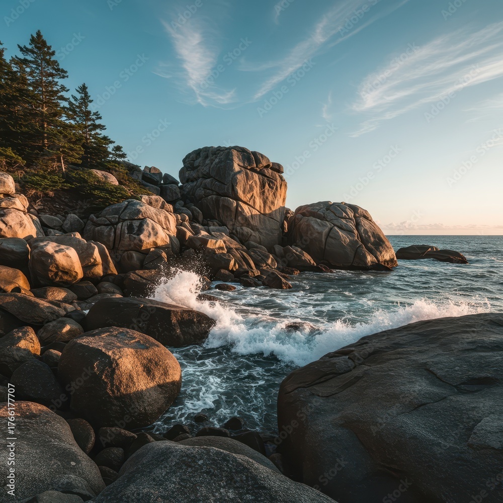 Obraz premium Massive granite boulders dominate a rugged, dramatic seashore landscape where ocean waves crash against the powerful stone formations ,tide ,spray ,heavy