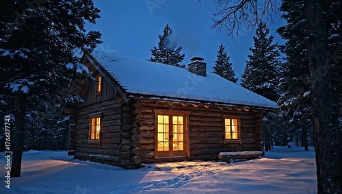 Snowy Log Cabin with Warm Interior Lights at Dusk