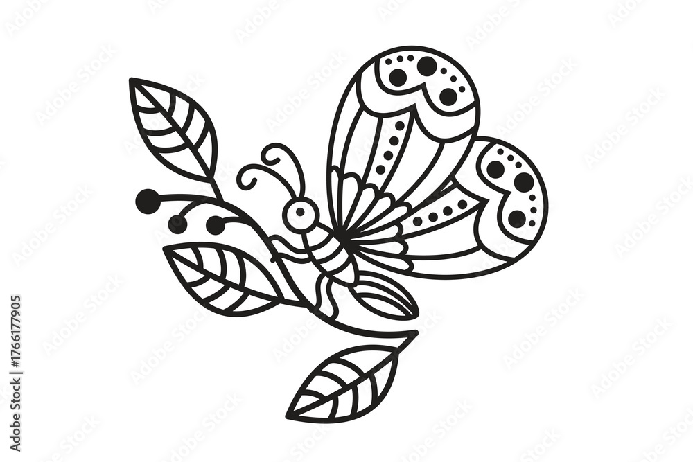 Obraz premium Vector illustration of a butterfly with floral elements in black and white outline style.