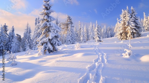 Winter Snow Scene Forest Photography: Capturing Serene, Magical Landscapes with Snow-Covered Trees, Frosty Pine Needles, and Soft Morning Light – Showcasing Snow-Dusted Branches,