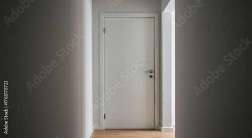 A simple, closed white wooden door set in a long, brightly lit interior corridor, suggesting privacy, separation, and residential architecture ,light ,home ,wooden