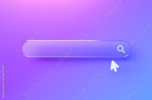 3D render of a glassmorphism search bar with a cursor icon on a vibrant purple and pink gradient background, representing web search and internet technology.