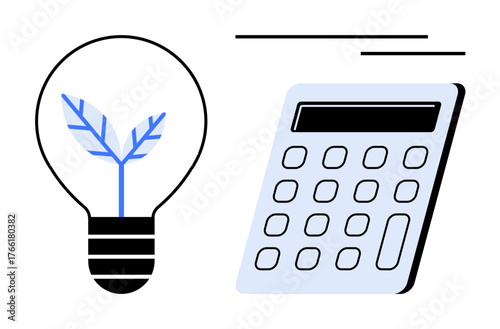 Light bulb with leaf symbolizing eco ideas beside a calculator representing efficiency, logic, and strategy. Ideal for sustainability, budgeting, finance, innovation, green energy, planning simple