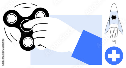 Hand spinning a black fidget spinner, illustrating stress relief. Rocket symbolizes innovation circled medical cross conveys health and wellness. Ideal for mental health, productivity, relaxation
