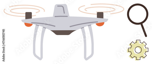 Flying quadcopter in motion with swirling propellers, magnifying glass, and gear symbol. Ideal for technology, robotics, surveillance, innovation, research automation data analysis. Clean